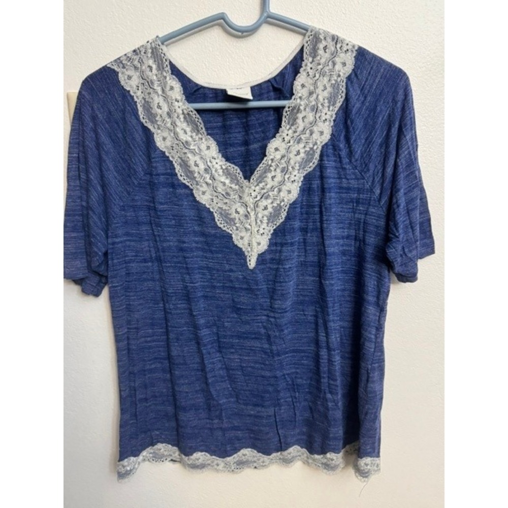 Soma Intimates Women Blue Heathered Lace Trim V-Neck Pajama Sleep Top SZ M (D)